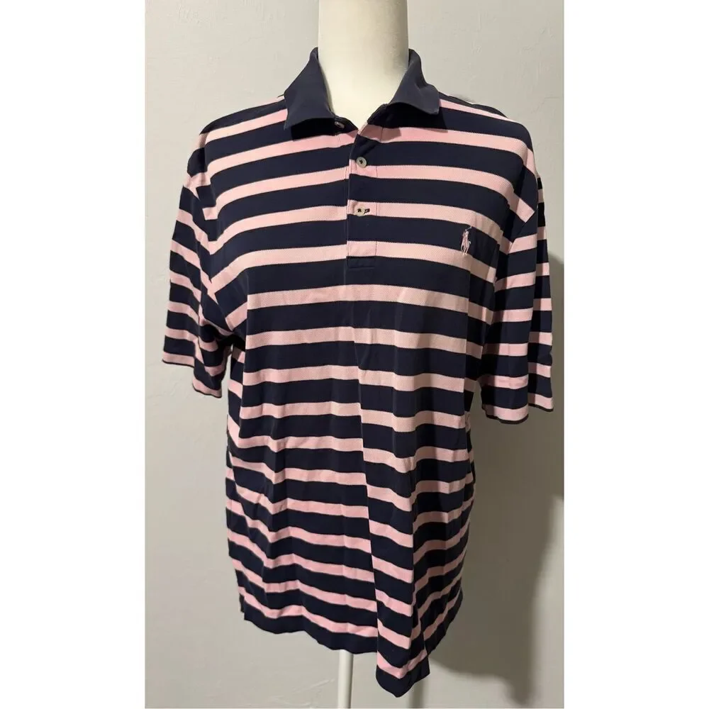 Ralph Lauren polo Golf pink blue stripes pink pony 100% prima cotton M